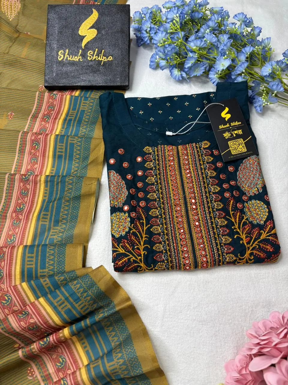 Dark Teal Blue Embroidered Three Piece