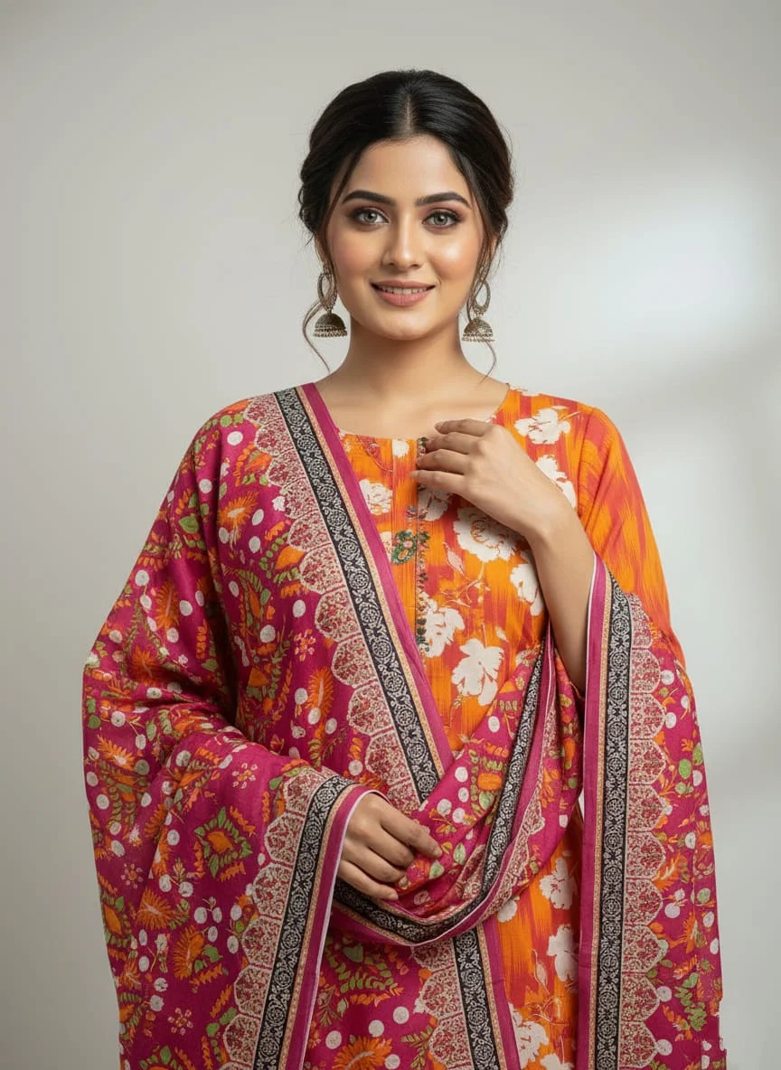 আনস্টিচড লন কটন থ্রি পিস